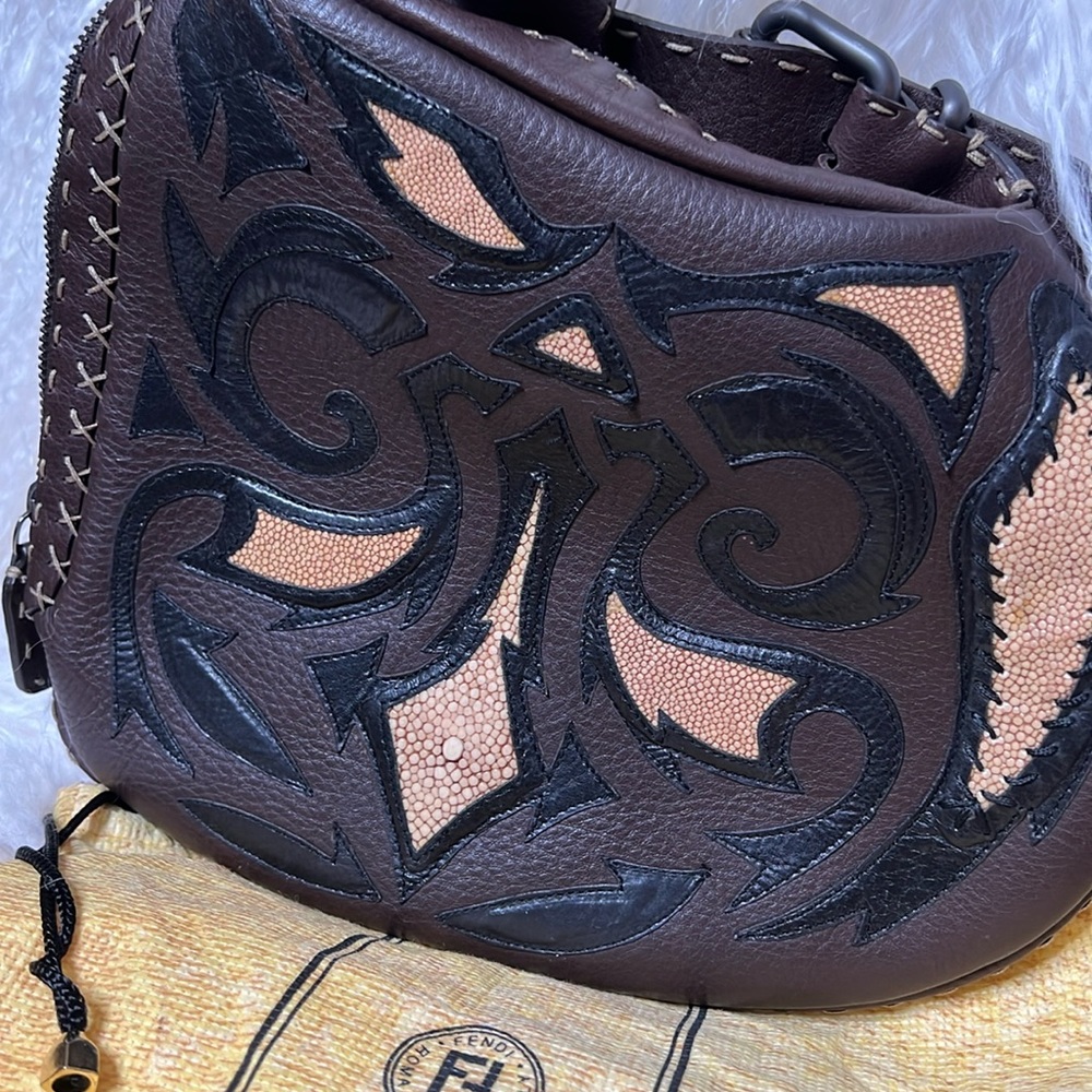 Fendi, Sellerina, Brown, Exotic Leather Inlay Oyster Whipstitch Shoulder Bag